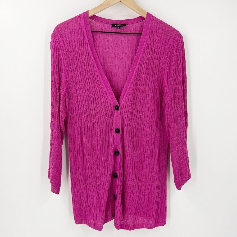 Lafayette 148 100% Linen Pink V-Neck Textured Cardigan Sweater Size XL
